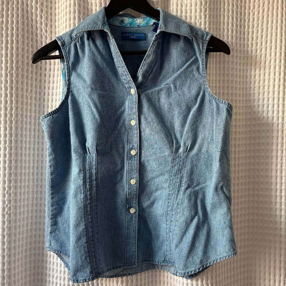Karen Scott Sport small denim pintucked sleeveless top cottage western summer